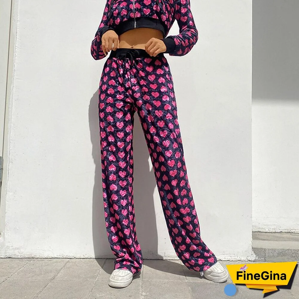 Weekeep Pink New Cute Heart Velvet Straight Trousers Streetwear Women Lace Up High Waist Baggy Pants Autumn Casual Sporty Jogger