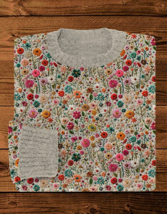 VChics Field of Flowers Embroidery Art Comfy Sweater