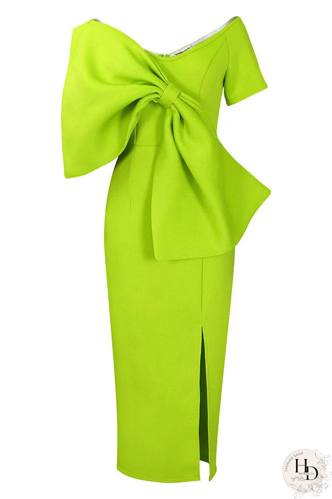 Vestido de fiesta formal fucsia inspirado en celebridades con lazo