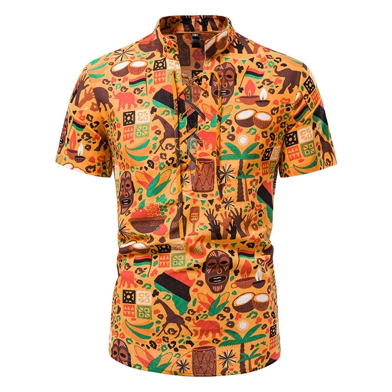 Inongge Mens Tribal African Dashiki Shirts Retro Pattern Ethnic Stylish Short Sleeves Shirts Stand Collar Lace Up Cotton Shirts