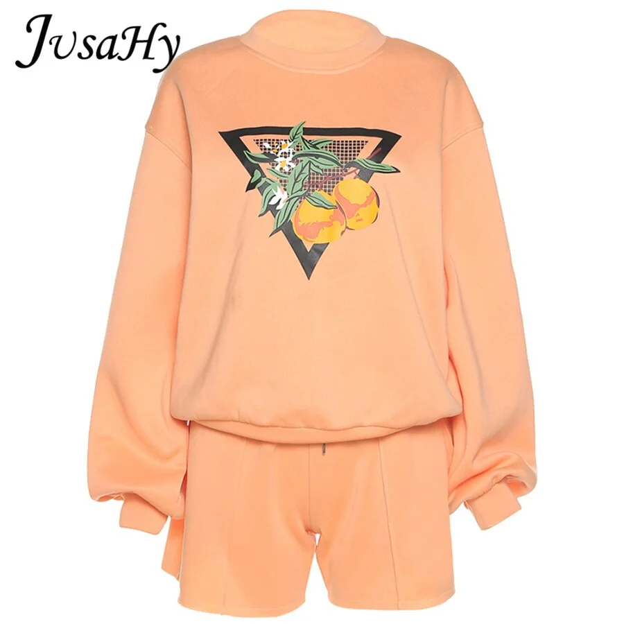 JuSaHy Autumn Casual Women's Two Pieces Sets Print Long Sleeves Tops And Shorts Matching Outfits Streetwear Female Tracksuit
