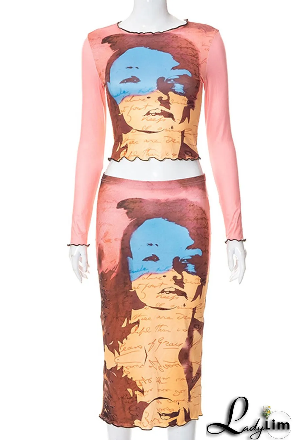 Pink Brown Casual Street Print Patchwork O Neck Long Sleeve Two Pieces