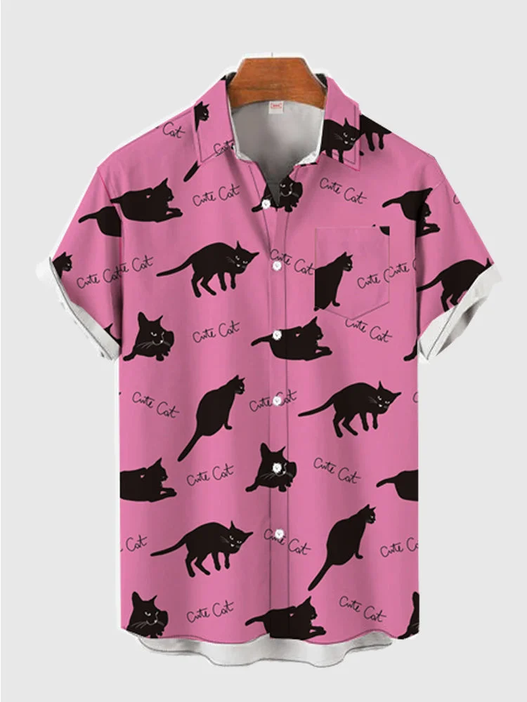 Full-Print Pink Cute Cat Printing Men's Short Sleeve Shirt