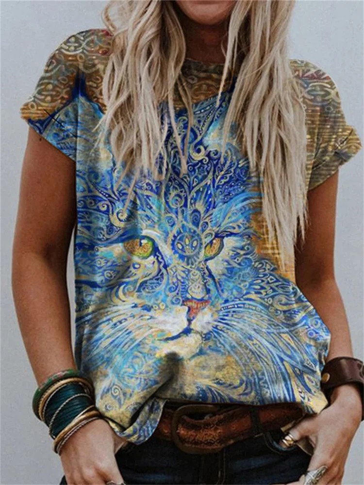 Cat Mandala Ethnic Art Print T Shirt