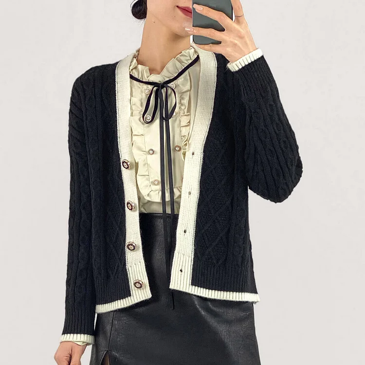 Black Contrast V-Neck Knitted Cardigan QueenFunky