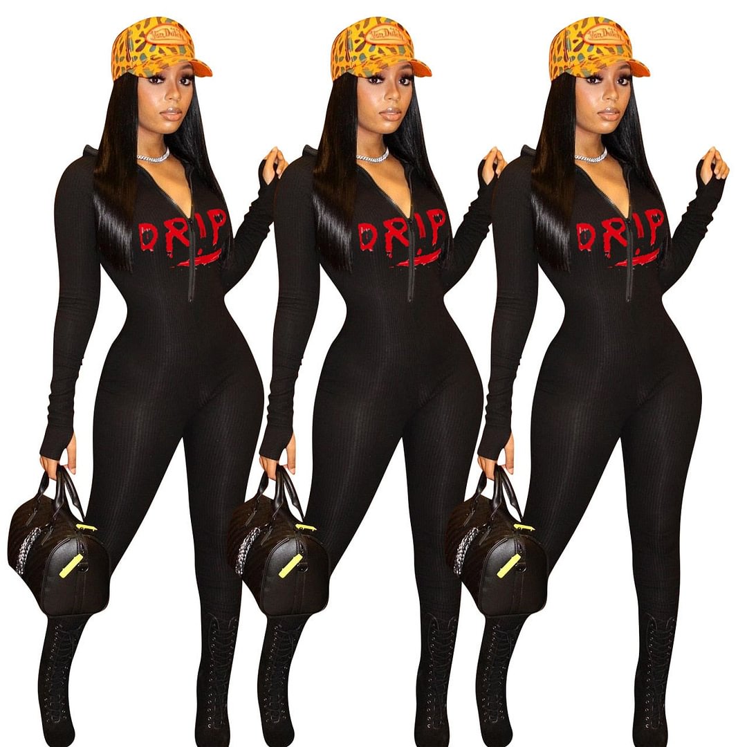New Letter Print Zipper Up Moto Biker Style Long Sleeve Bodycon Elastic Jumpsuit Women Club Party One Piece Overall Romper Black