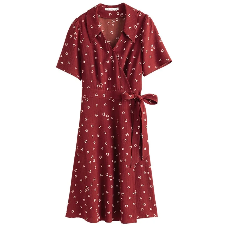 DUSHU Office Lady A-line Women&#39;s Retro French Lapel Red Casual Dress 2021 Summer New Clothes For Women