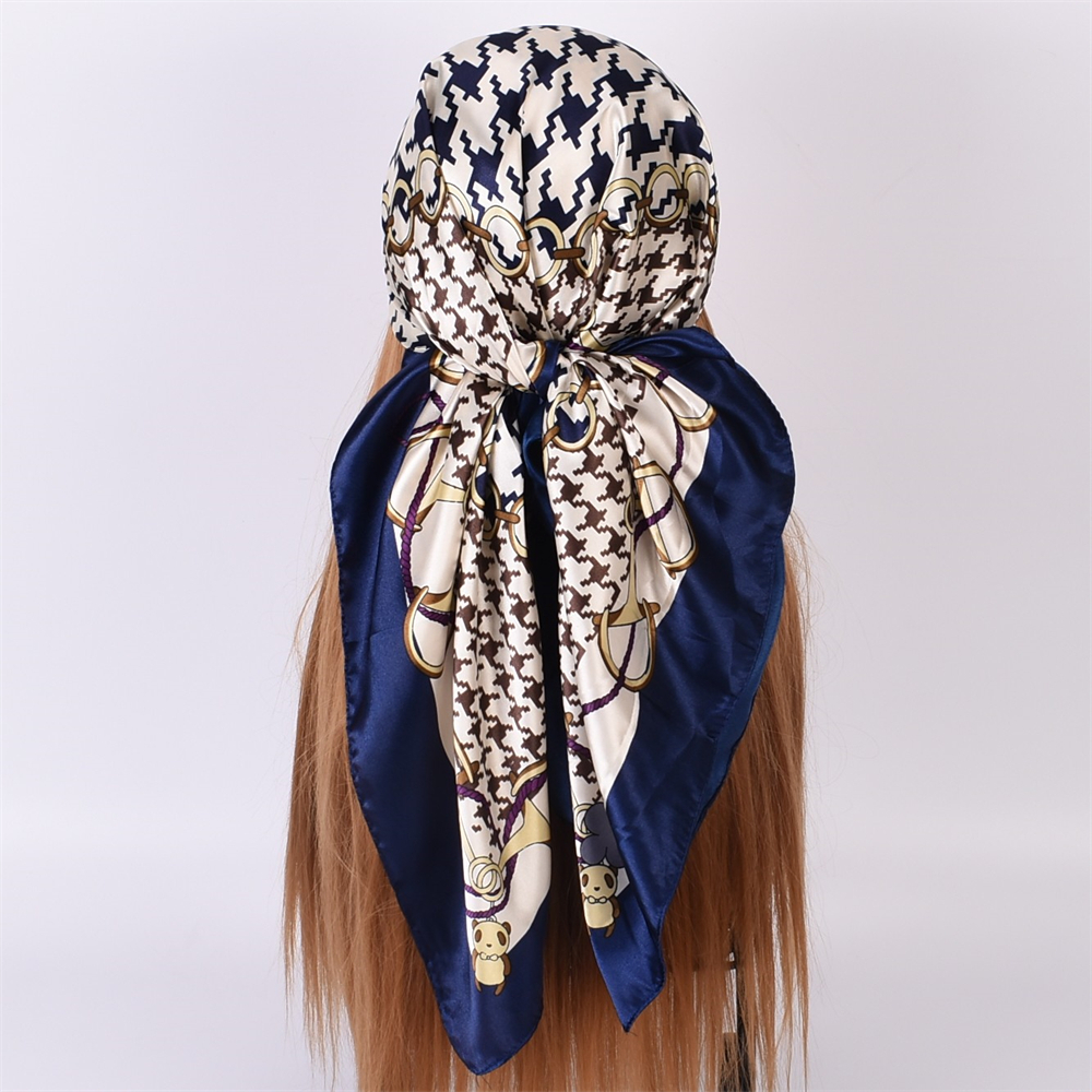 90cm*90cm Satin Big Houndstooth Printed Square Scarfs Navy-vocosishoes