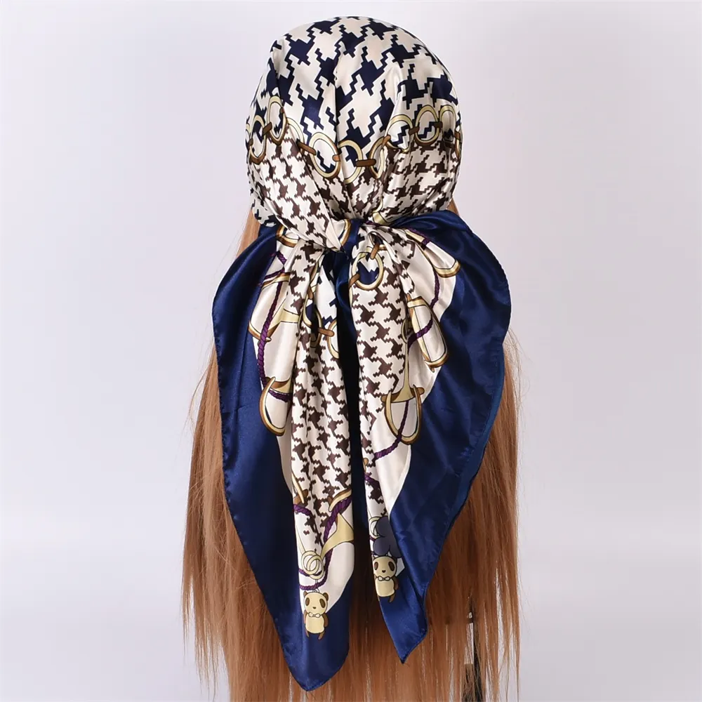 90cm*90cm Satin Big Houndstooth Printed Square Scarfs Navy-vocosishoes