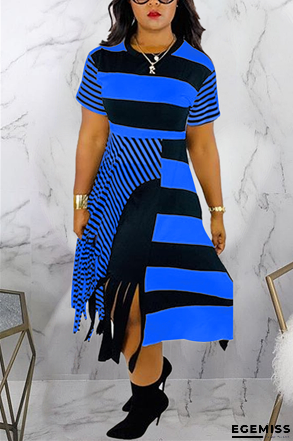 Blue Fashion Sexy Digital Print Striped Tassel Dress | EGEMISS