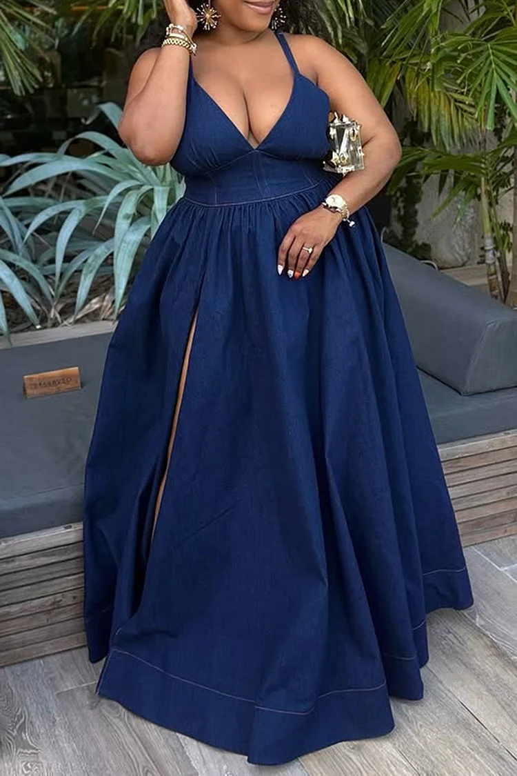 Plus Size Vacation Blue Sundress V Neck Split Backless Tencel Denim Maxi Dresses [Pre-Order]