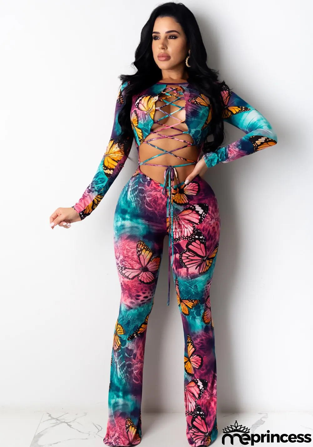Women'S Sexy Lace-Up Butterfly Print Long Sleeve Jumpsuit