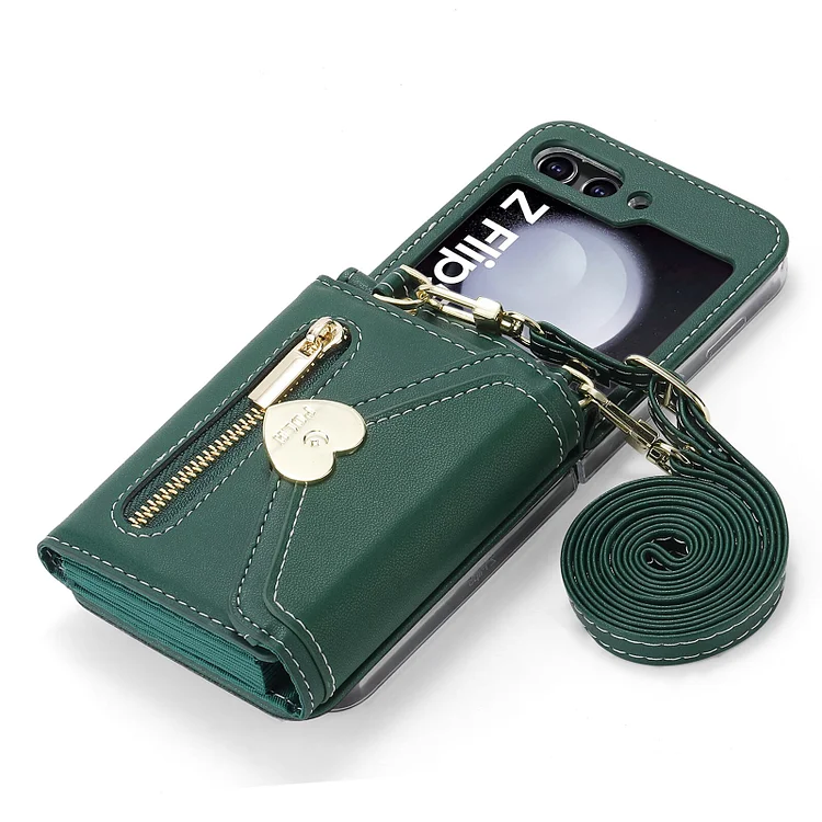 Galaxy Z Flip 5 Crossbody Wallet Phone Case for Samsung Flip5 5G Love Card Slot Holder Purse Lanyard Strap Leather