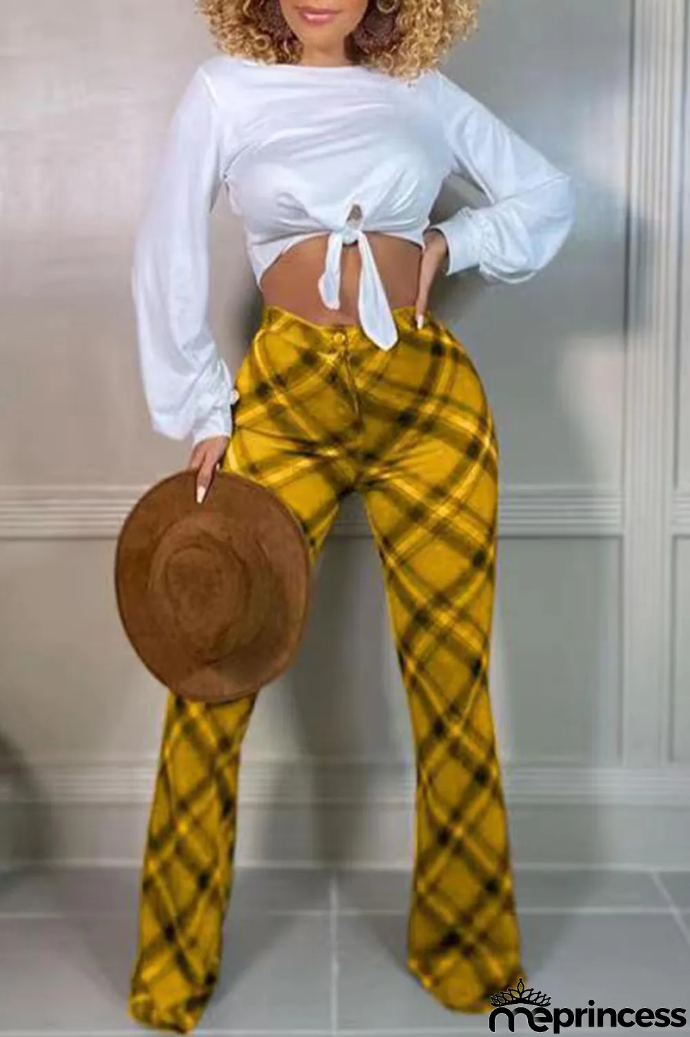 Yellow Casual Plaid Print Patchwork Straight High Waist Straight Full Print Bottoms