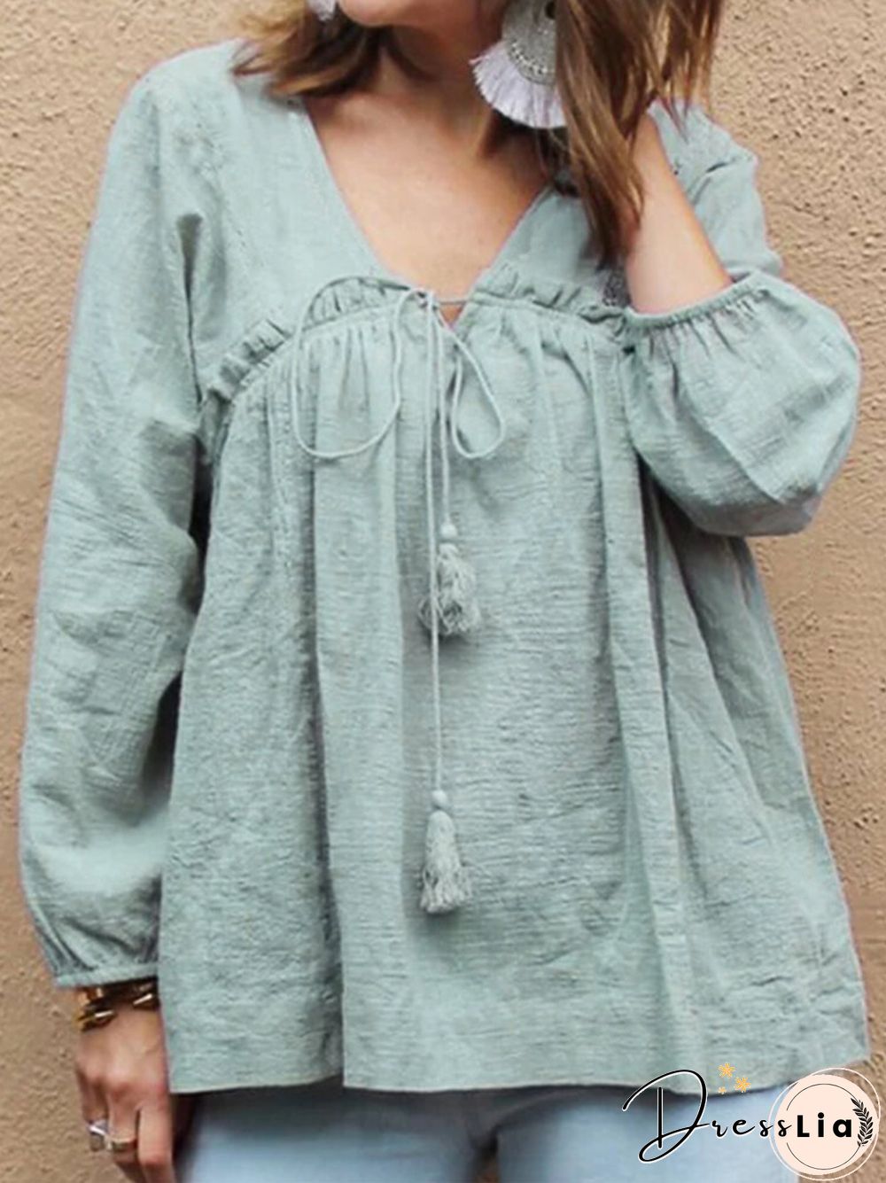 Solid Color Bandage Long Sleeve Loose Blouse For Women