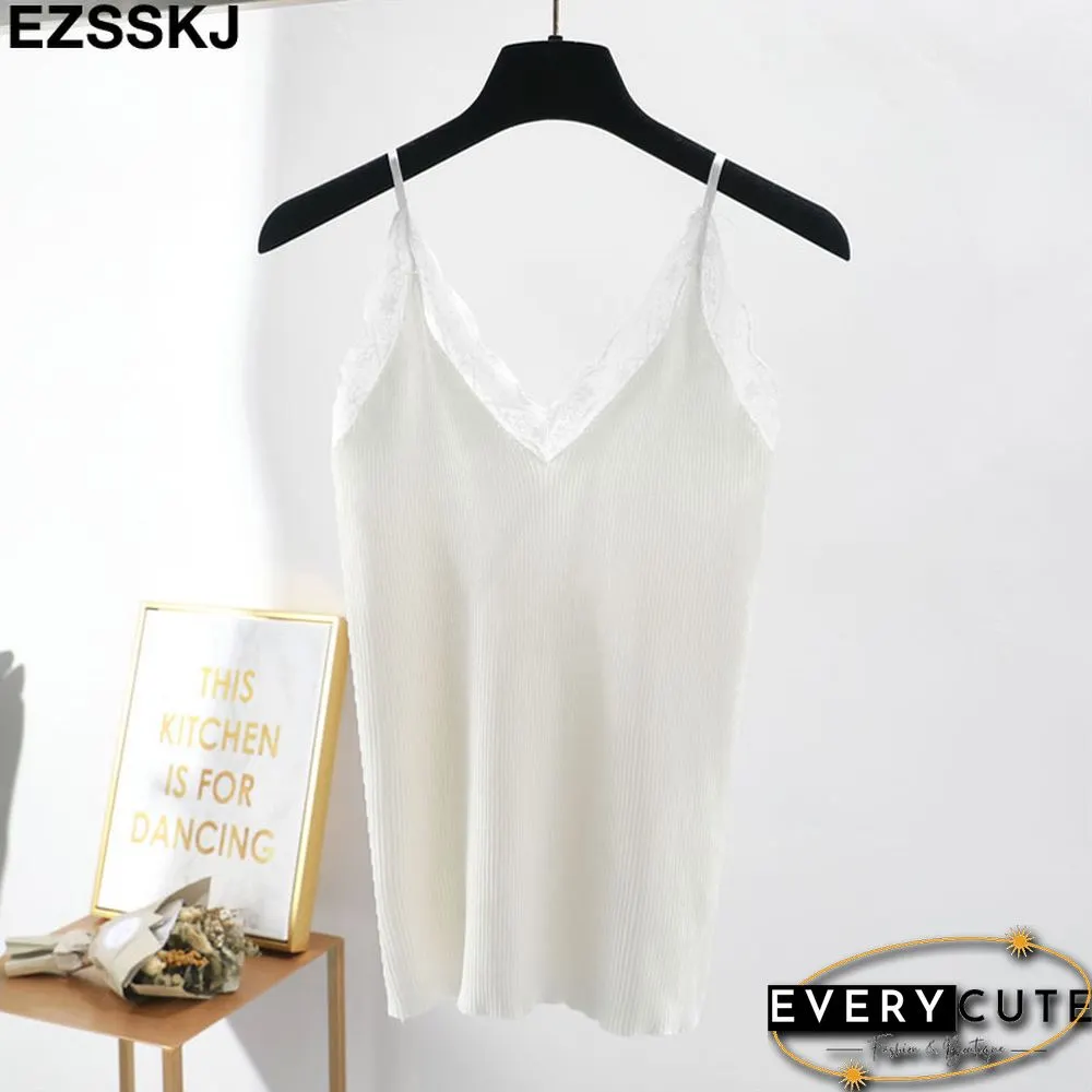 Sexy Basic Lace Camisole Summer Knit Tank Top Women Adjustable strap female camis high