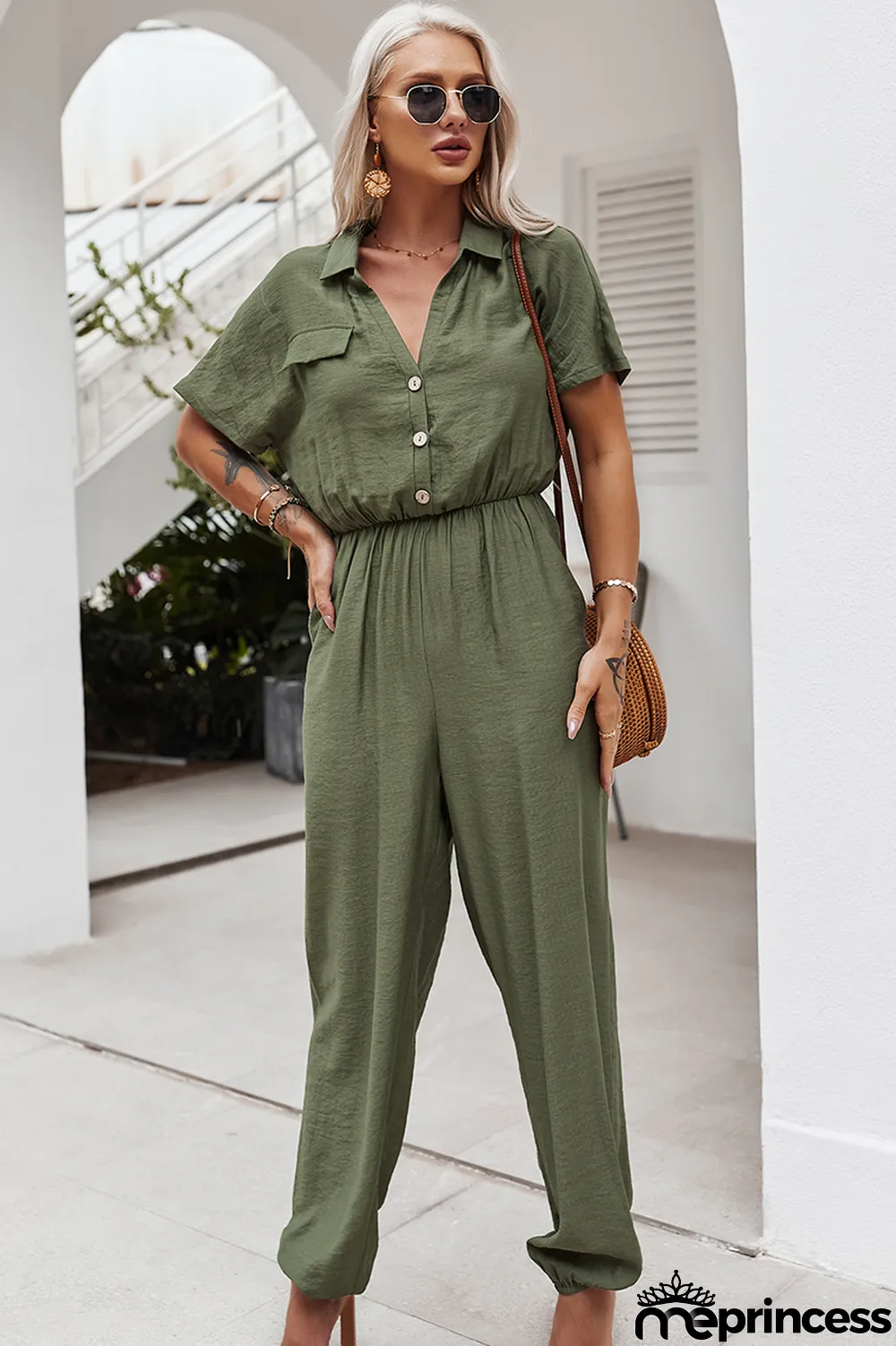 Summer Casual Solid Button Up Loose Jumpsuit