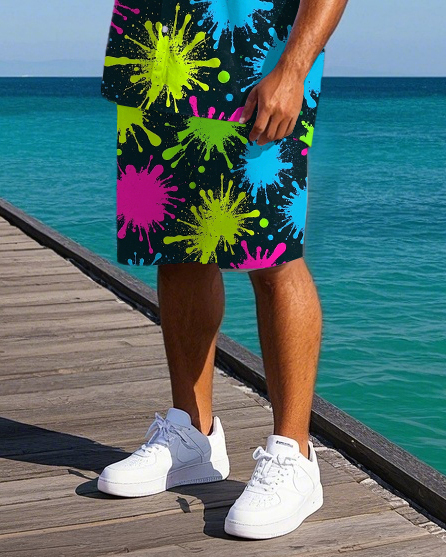 Big Men's Hawaiian Funny Colorful Ink Splack Printed Daily Casual Short Sleeve Shirt Shorts Set