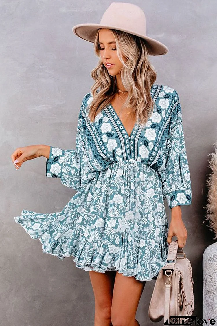 V Neck 3/4 Sleeve Bohemian Vintage Print Mini Dress