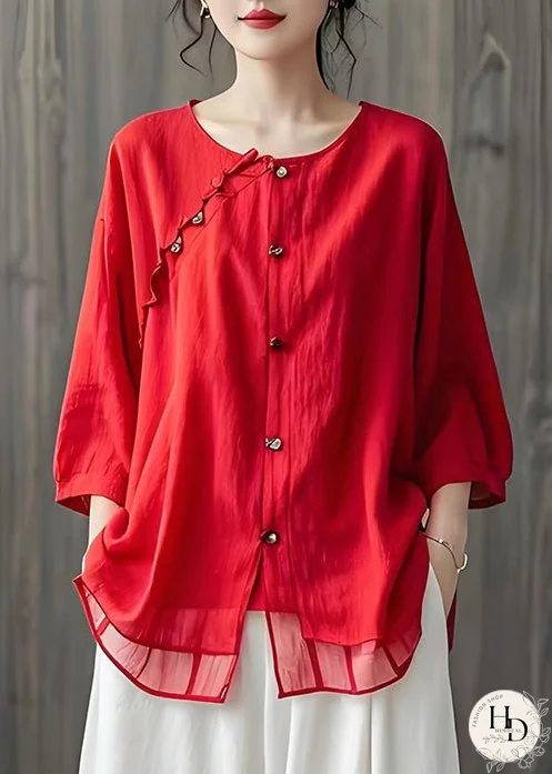 Plus Size Red Ruffled Button Patchwork Cotton Shirt Top Summer