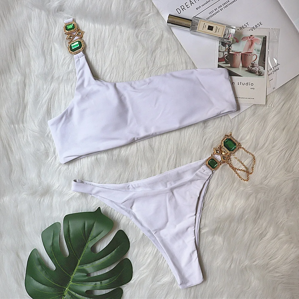 Uveng Uveng New Swimsuit Luxury Crystal Diamond Chain Female Split Swimsuit Plain Color One Shoulder Sexy Bikini