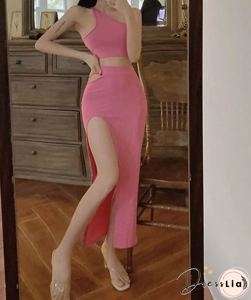 Women Sexy European American Fashion One-Shoulder Hollow Out Slit Bodycon Elegant Long