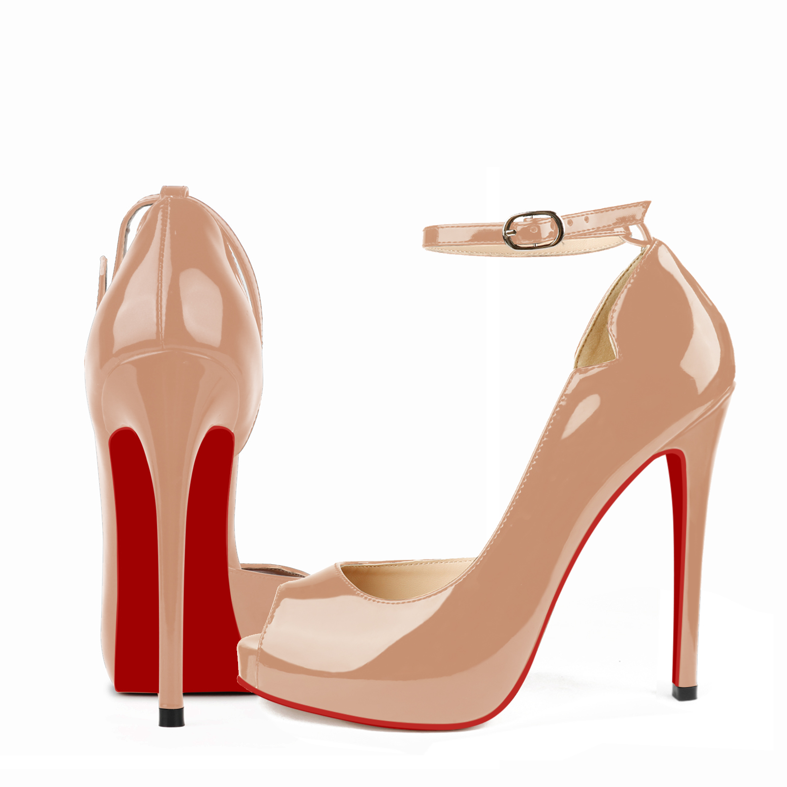 120mm Red Bottom Strap Platform Stilettos Pumps Round Chick Alta Patent Heels-MERUMOTE