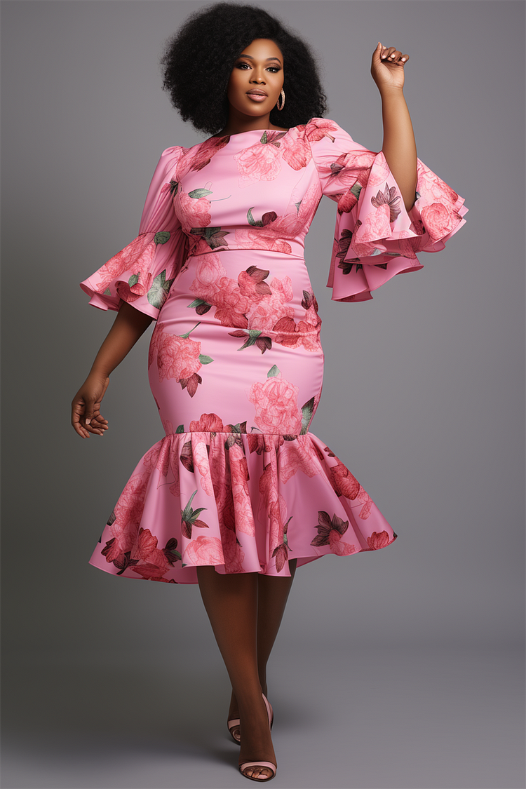 Plus Size Semi Formal Pink Roune Neck Floral Print Ruffled Hem Midi Dress [Pre-Order]