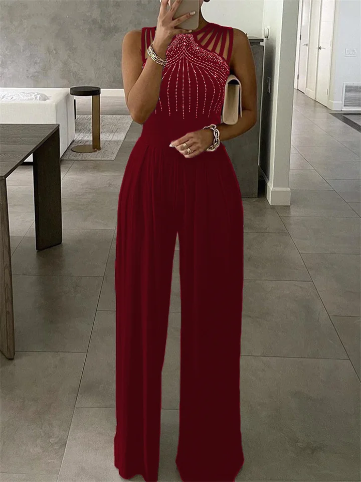 Women's Jumpsuit Beaded Solid Color Crew Neck Elegant Party Evening Prom Wide Leg Regular Fit Sleeveless Blue Black Wine S M L Summer-Cosfine