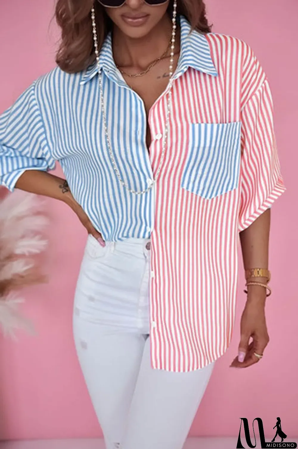 MidiSono - Sky Blue Contrast Striped Print Shirt