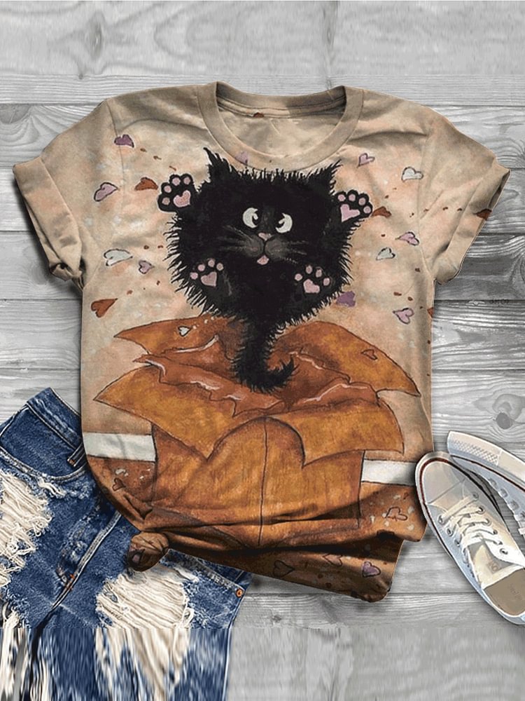 Bestdealfriday Cat Pattern Floral PrinT-Shirts Tops 8890326
