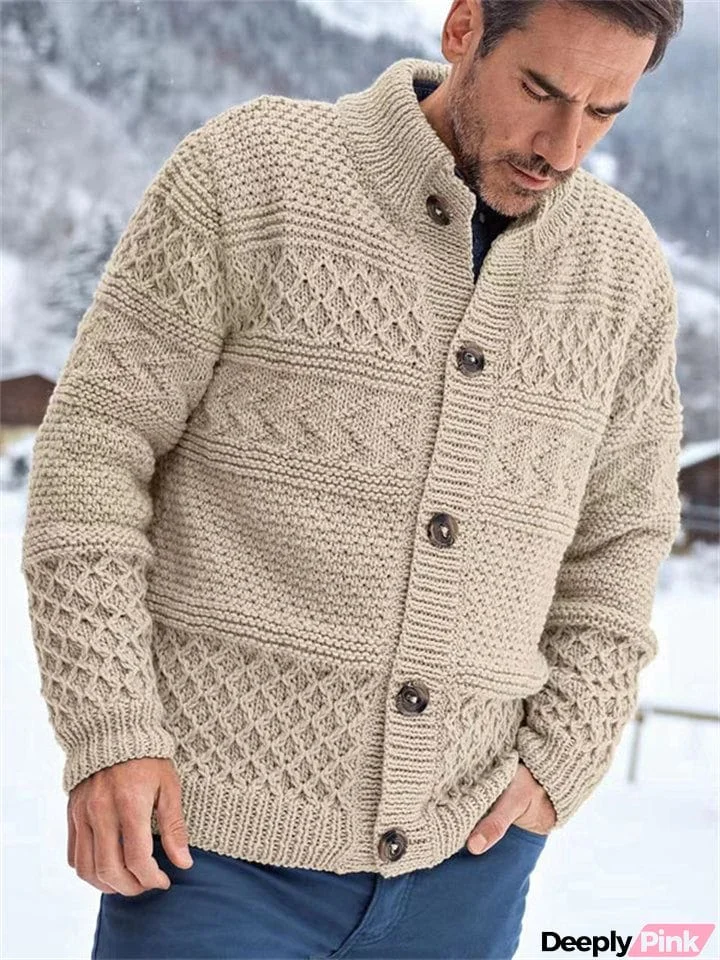 Men's Apricot Thickened Stand Collar Knitted Thermal Sweaters