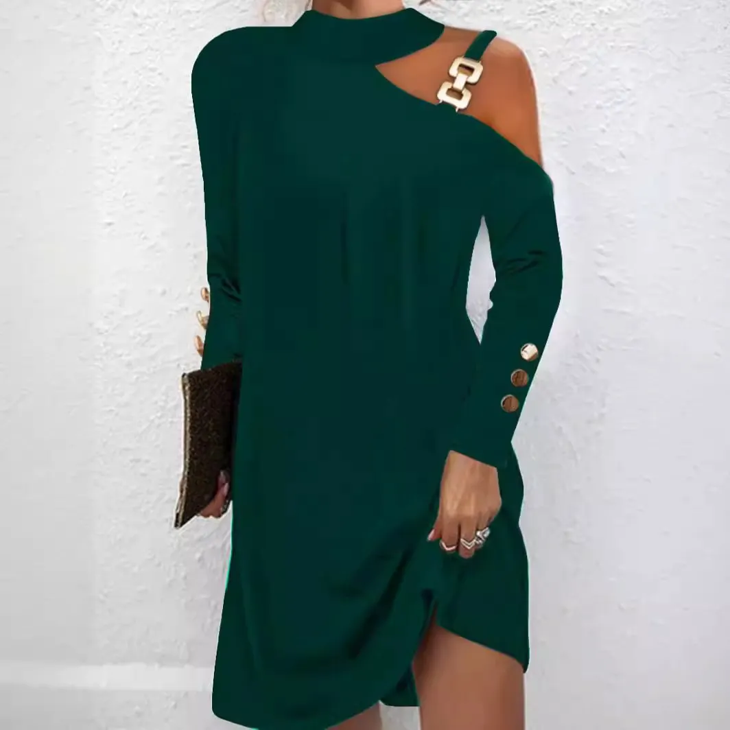 Uveng Uveng Explosion Autumn Simple Metal Buckle Hanging Neck Button Dress Women's Dress