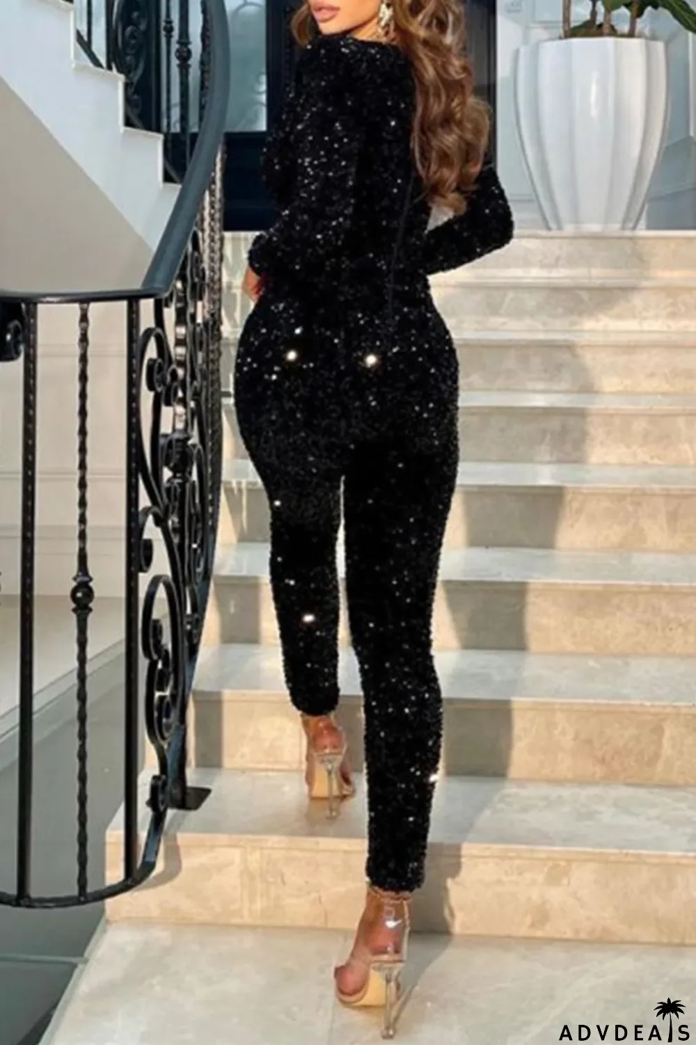 Black Fashion Casual Solid Sequins Split Joint V Neck Long Sleeve Jumpsuits
