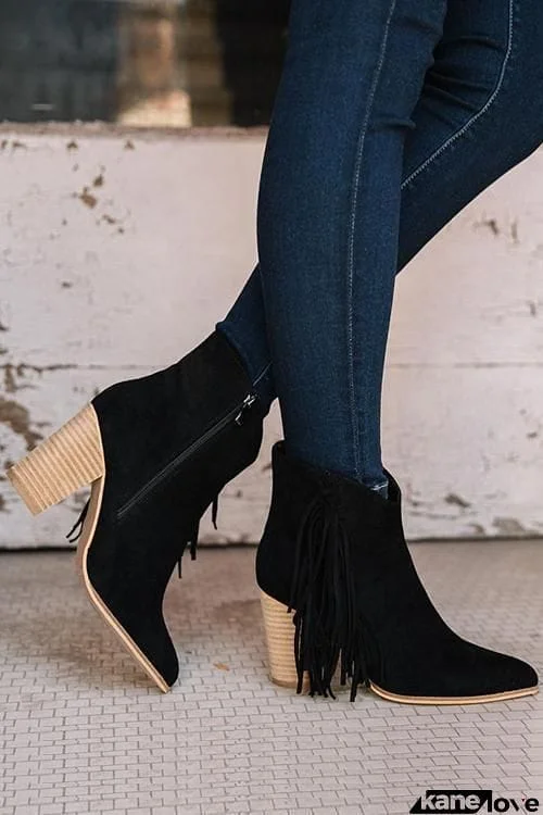 Tassels Slip On Heel Ankle Booties