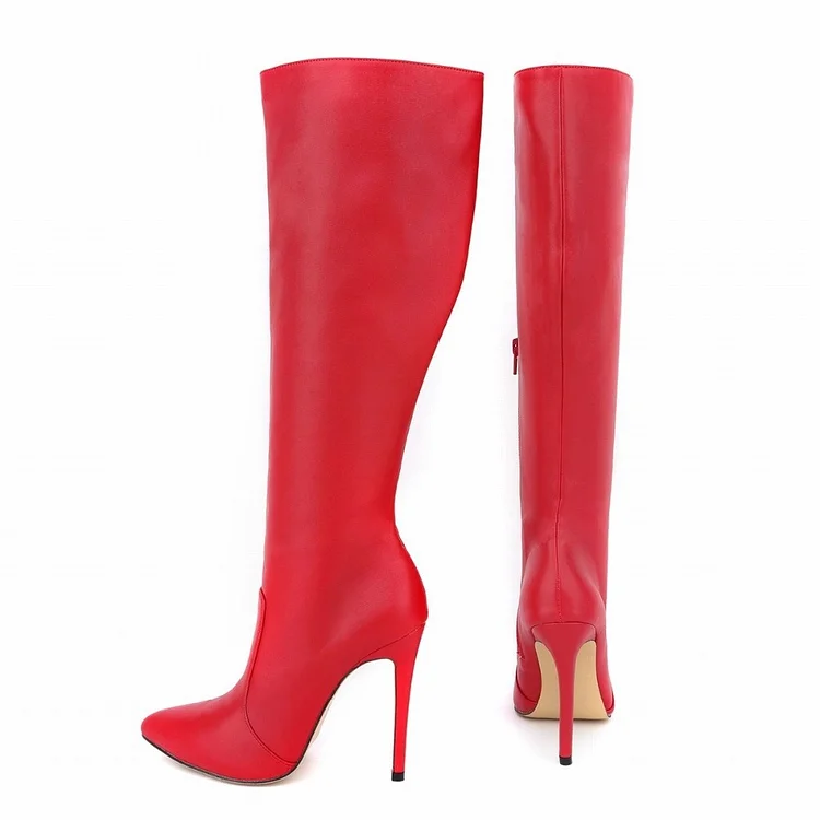 Red Vegan Boots Stiletto Heel Customizable Calf Length Boots |FSJ Shoes