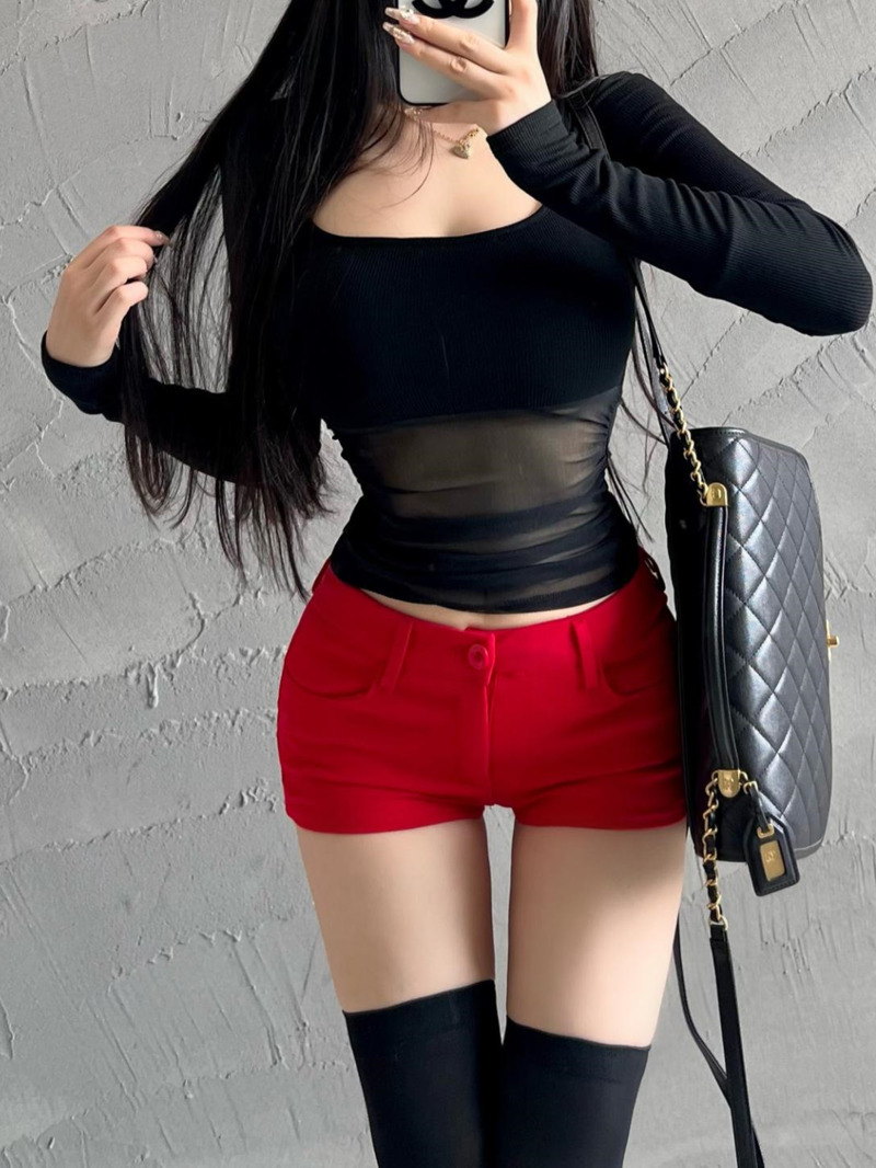 Ragparams Spicy Girl Sexy Square Neck Slim Pleated Splicing Mesh Base Long Sleeved T-shirt Top Fashion Sweet Tees 2025 New Tops QL3D