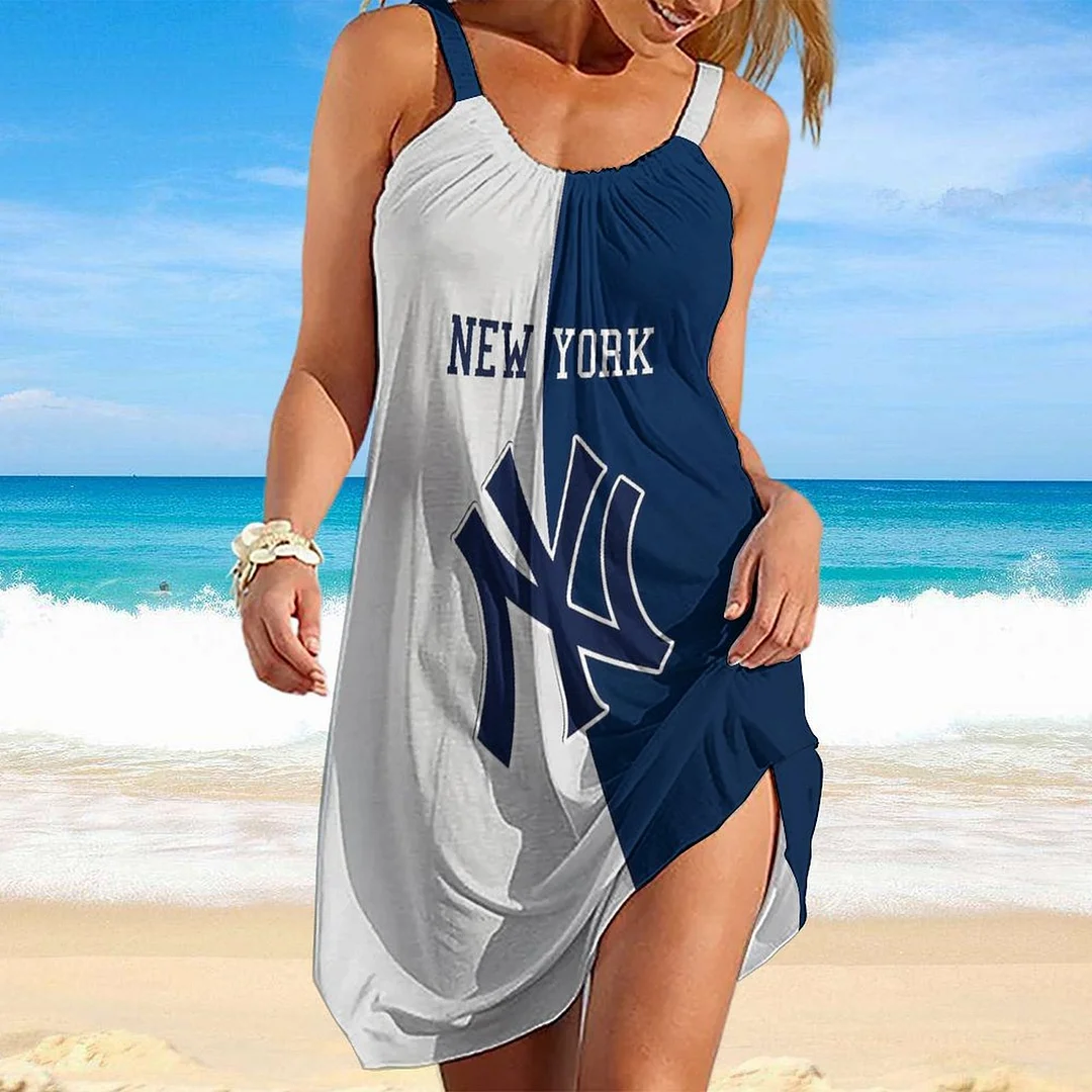 Women Beach Dress Sleeveless O-neck Casual Plus Size Mini Dress in Pattern ,Blue