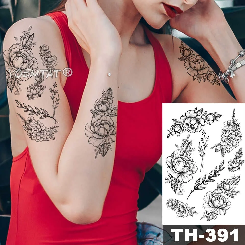 Heart shaped Clock Jewel Rose Waterproof Temporary Tattoo Sticker Black Arm Back Flowers Big Tatto Body Art Fake Tatoo For Women