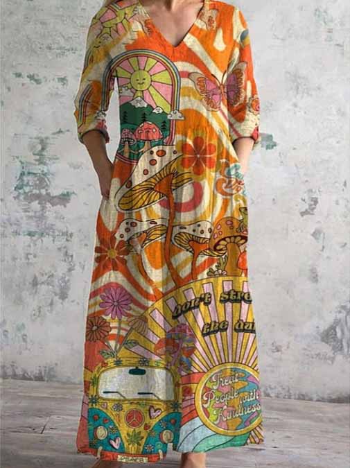 Women's 3/4 Sleeve V-neck Floral Printed Midi Dress