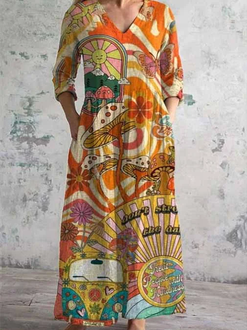 Women's 3/4 Sleeve V-neck Floral Printed Midi Dress