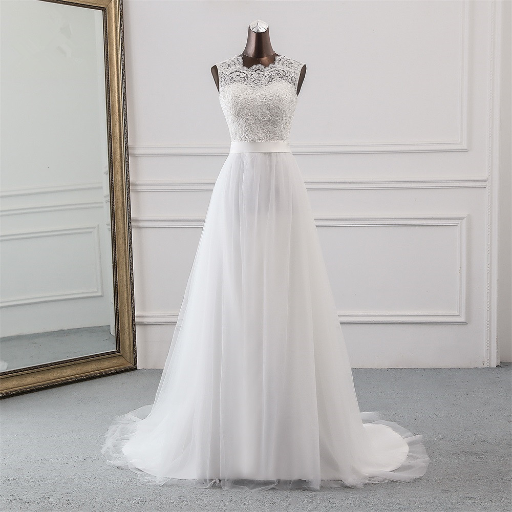 Daisda Elegant A-line Jewel Tulle Long Wedding Dress With Appliques Lace