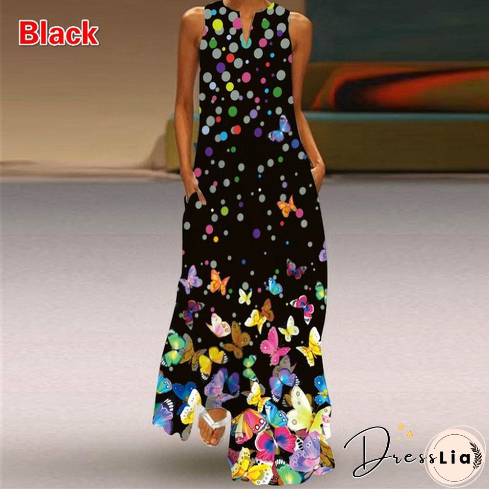 Butterfly Print Loose Beach Maxi Dress Summer Womens Fashion Sleeveless V-neck Boho Dress