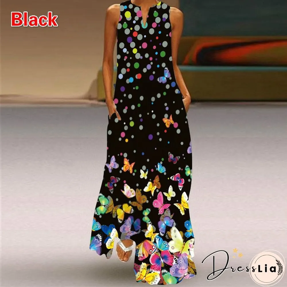 Butterfly Print Loose Beach Maxi Dress Summer Womens Fashion Sleeveless V-neck Boho Dress