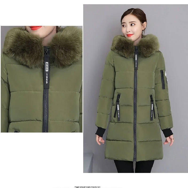 2021 Winter Jacket Hooded Fur Collar Women Parkas Outwear High Quality Parkas Female Slim Paddinh Parka Women Mid-Long Coats