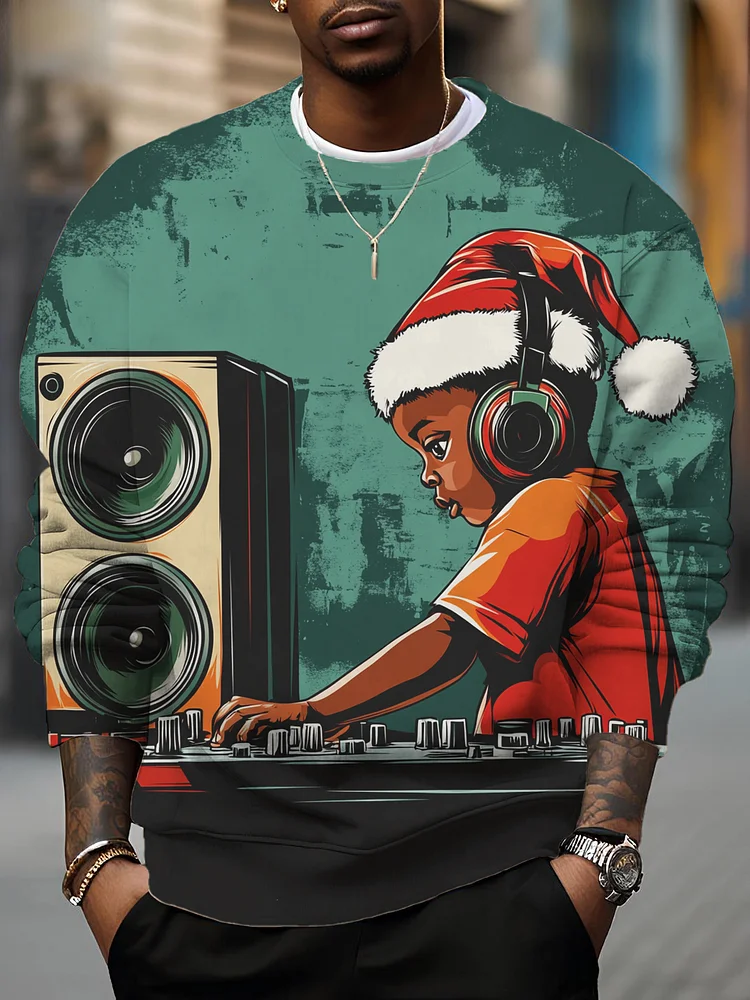 Men's Christmas Hat Black Boy Music Lover Print Casual Sweatshirt