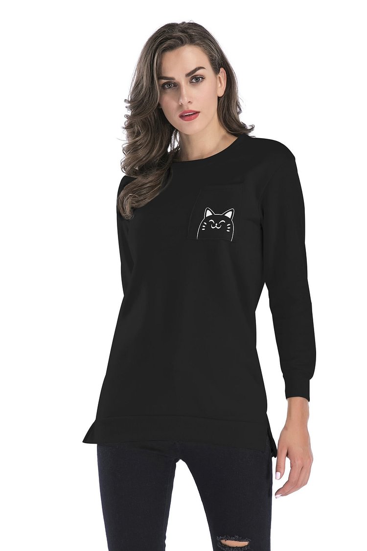 Cat Print Pocket Slit Side Pullover Sweatshirt - BlackFridayBuys