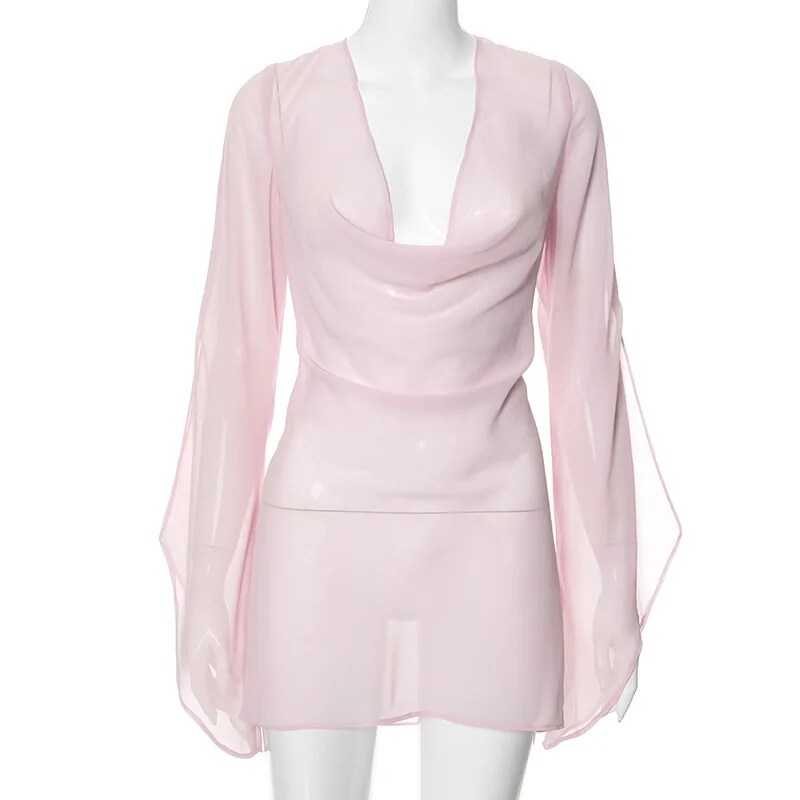 JULISSA MO Sexy Backless See Through Mesh Women Dress Pink Long Sleeve Deep V-neck Dress Female Summer Loose Elegant Beachwear