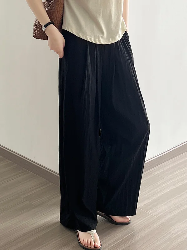 High Waisted Wide Leg Elasticity Pleated Solid Color Casual Pants Bottoms Trousers