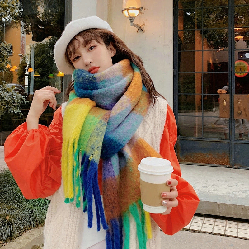 Knock On The Beauty Drop ~ A Big Love Thick Braid Rainbow Checkered Color Matching Scarf Winter Cashmere Plaid Tassel Shawl